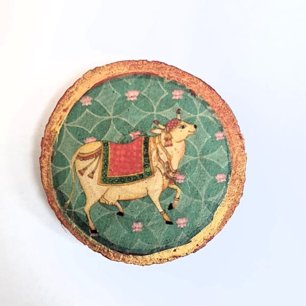 ADSPL-Store Indian Fridge Magnet Souvenir of India, Holy Cow, Green Background with Gold red Border, Wood Slice Size 1.25 inches Approx (Every pc is Slightly Different in Size and Thickness)
