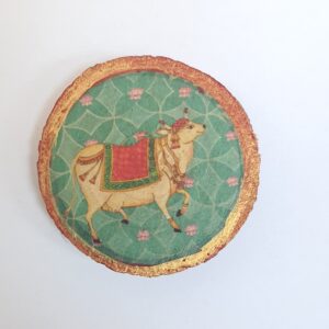 ADSPL-Store Indian Fridge Magnet Souvenir of India, Holy Cow, Green Background with Gold red Border, Wood Slice Size 1.25 inches Approx (Every pc is Slightly Different in Size and Thickness)
