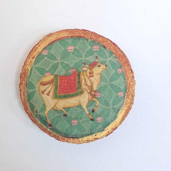 ADSPL-Store Indian Fridge Magnet Souvenir of India, Holy Cow, Green Background with Gold red Border, Wood Slice Size 1.25 inches Approx (Every pc is Slightly Different in Size and Thickness)