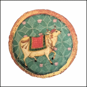 ADSPL-Store Indian Fridge Magnet Souvenir of India, Holy Cow, Green Background with Gold red Border, Wood Slice Size 1.25 inches Approx (Every pc is Slightly Different in Size and Thickness)