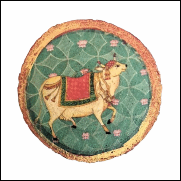 ADSPL-Store Indian Fridge Magnet Souvenir of India, Holy Cow, Green Background with Gold red Border, Wood Slice Size 1.25 inches Approx (Every pc is Slightly Different in Size and Thickness)