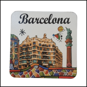 Souvenir of Barcelona, Spain, Casa Mila La Pedra Gaudi Style Mosaic Wooden Square Magnet Size 3.75x3.75 inches