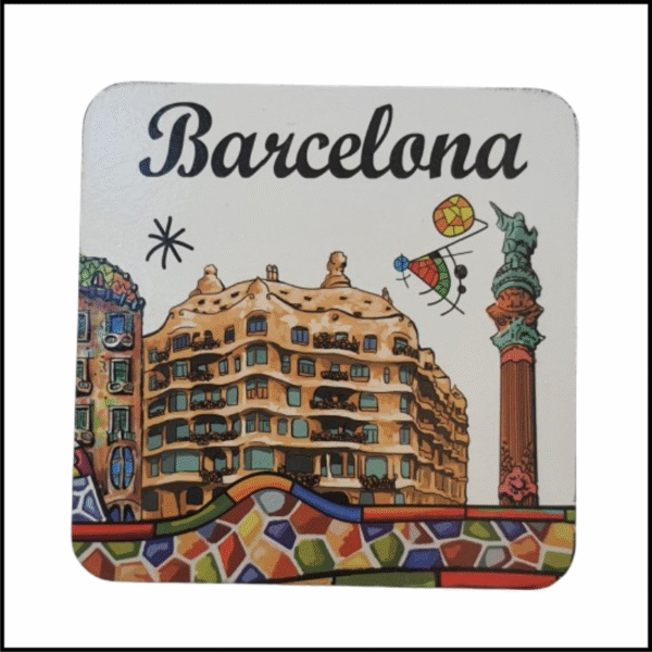 Souvenir of Barcelona, Spain, Casa Mila La Pedra Gaudi Style Mosaic Wooden Square Magnet Size 3.75x3.75 inches