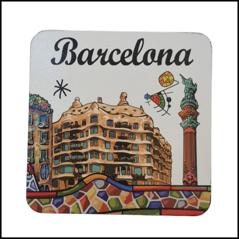 Souvenir of Barcelona, Spain, Casa Mila La Pedra Gaudi Style Mosaic Wooden Square Magnet Size 3.75x3.75 inches