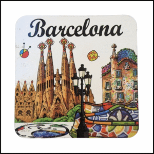 Souvenir of Barcelona, Spain, UNESCO Heritage Sagrada Famillia, Gaudi Style Mosaic Wooden Square Magnet Size 3.75x3.75 inches