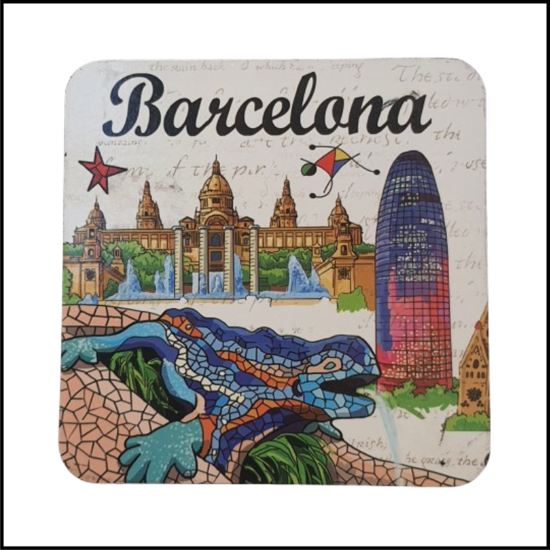 Souvenir of Barcelona, Spain, Monjuic Castle and PARC Guell, Observation Deck, Gaudi Style Mosaic Wooden Square Magnet Size 3.75x3.75 inches