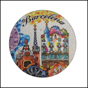 ADSPL-Store Souvenir of Barcelona, Spain, Gaudi Houses Casa Batillo and Casa Vincens, Gaudi Style Mosaic Wooden Round Magnet Size 3.5 inches Circle