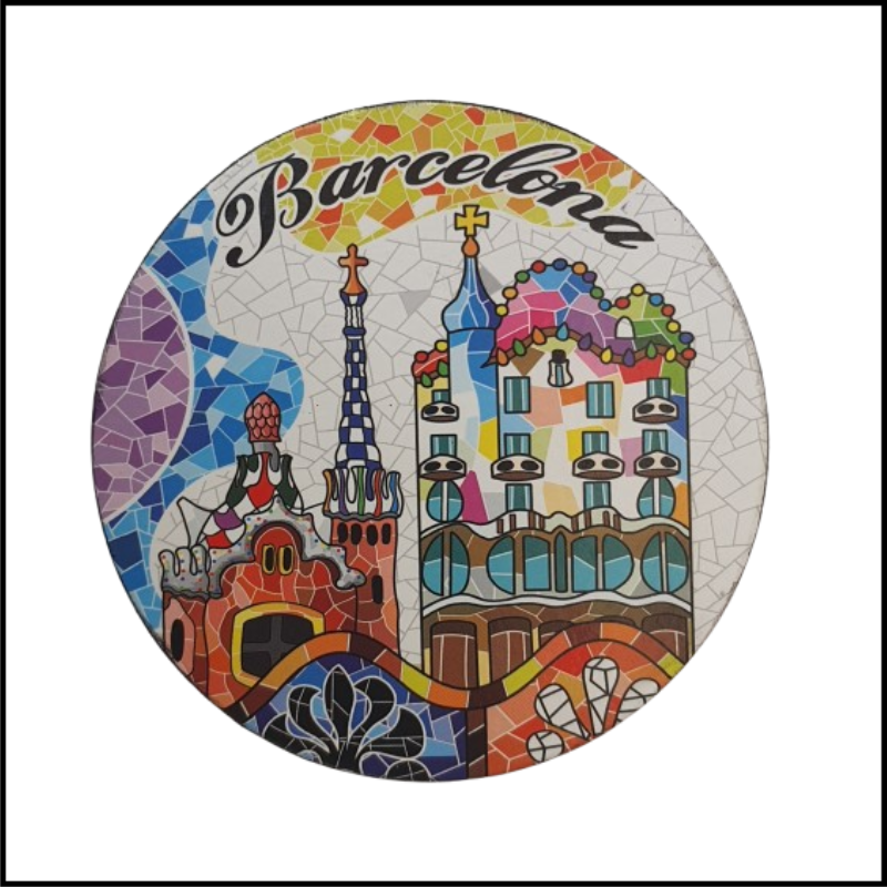 ADSPL-Store Souvenir of Barcelona, Spain, Gaudi Houses Casa Batillo and Casa Vincens, Gaudi Style Mosaic Wooden Round Magnet Size 3.5 inches Circle