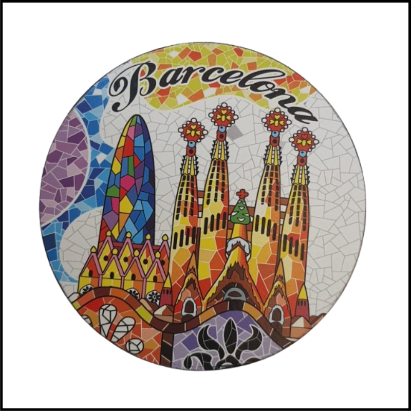 ADSPL-Store Souvenir of Barcelona, Spain, UNESCO Heritage Sagrada Famillia, Gaudi Style Mosaic Wooden Round Magnet Size 3.5 inches Circle