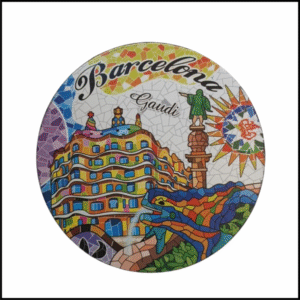 ADSPL-Store Souvenir of Barcelona, Spain, Gaudi House Casa Mila or La Pedra in Gaudi Style Mosaic Wooden Round Magnet Size 3.5 inches Circle