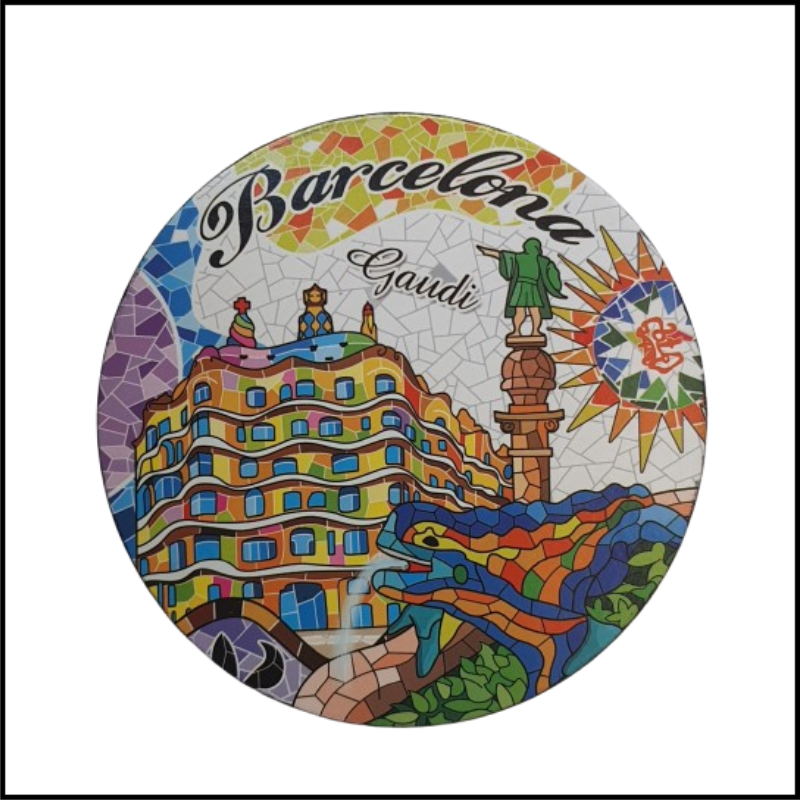 ADSPL-Store Souvenir of Barcelona, Spain, Gaudi House Casa Mila or La Pedra in Gaudi Style Mosaic Wooden Round Magnet Size 3.5 inches Circle