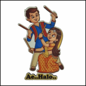 ADSPL-Store Souvenir Fridge Magnet of Gujarat, India, Gujarati Couple Playing Dandiya Raas During Navratri, with Aye Halo Written at The Bottom, Size 3x3 inches Approx.(Licensed Art)