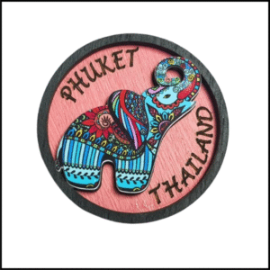 ADSPL-Store Souvenir Fridge Magnet of Phuket, Thailand, Colorful Elephant on Pink Background, Collectors Memorabilia and Gift for Friends and Family, Wood Size 2.25 Circle inches Approx
