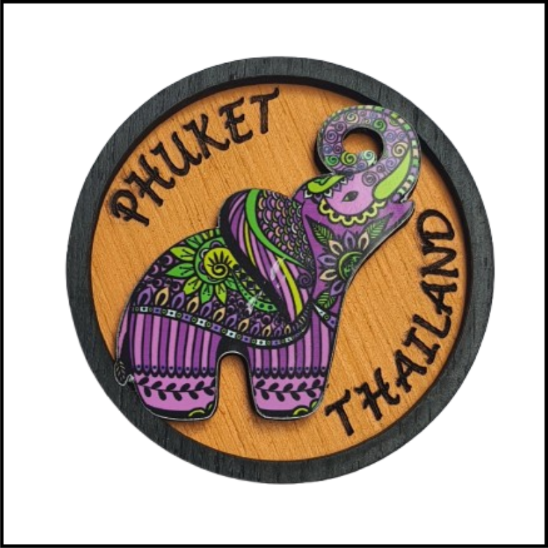 ADSPL-Store Souvenir Fridge Magnet of Phuket, Thailand, Colorful Elephant on Orange Background, Collectors Memorabilia and Gift for Friends and Family, Wood Size 2.25 Circle inches Approx