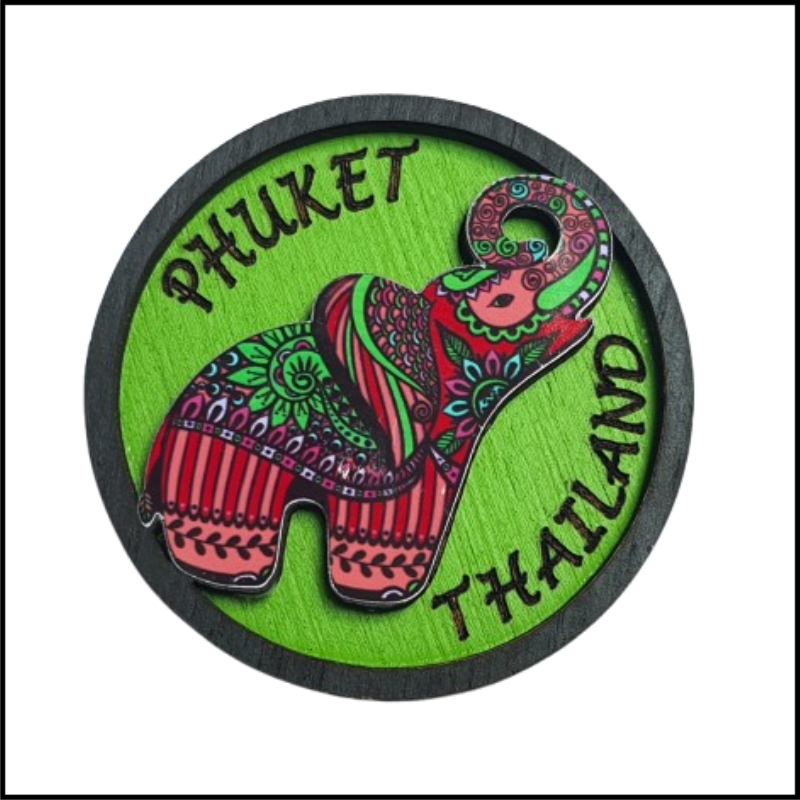 ADSPL-Store Souvenir Fridge Magnet of Phuket, Thailand, Colorful Elephant on Green Background, Collectors Memorabilia and Gift for Friends and Family, Wood Size 2.25 Circle inches Approx